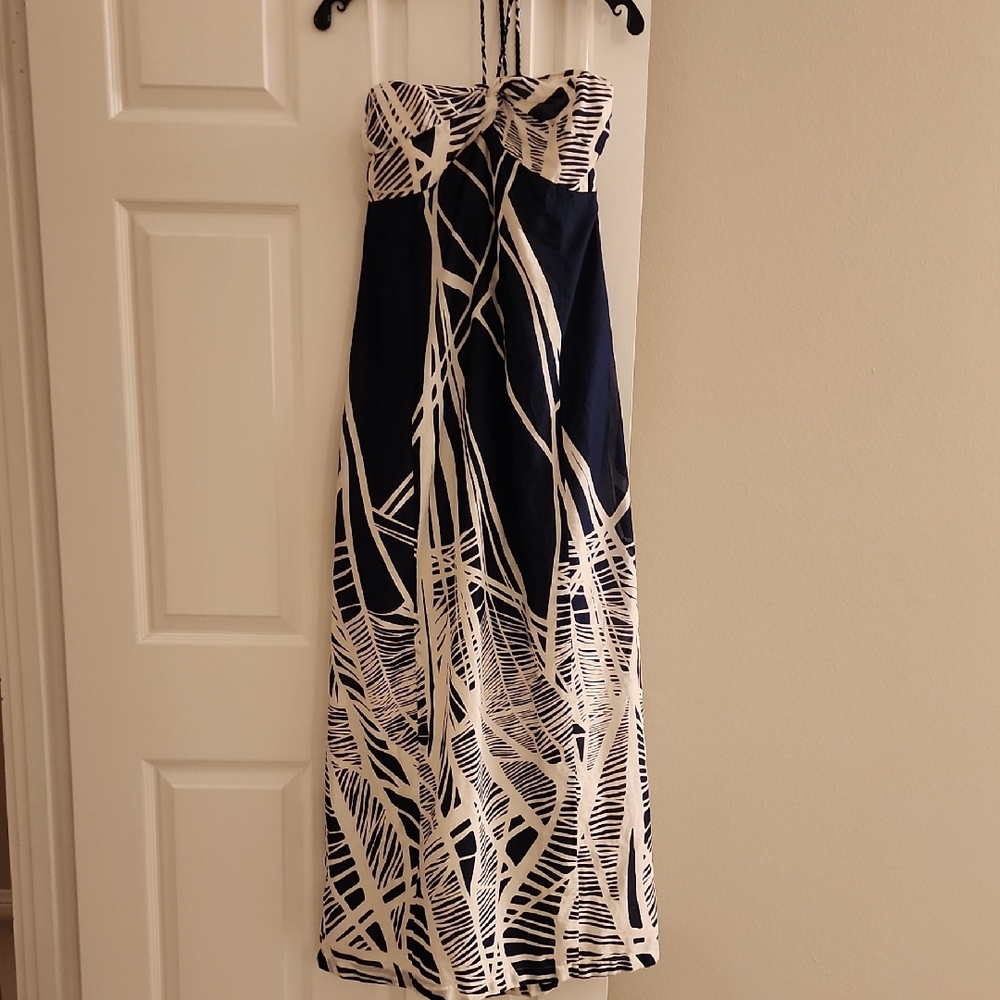 LOFT Strapless Dress in Navy and Cream